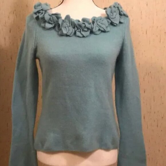 Magaschoni BLACK Sweater Silk & Cashmere Blend Flowers Trim Ruffles Large - Picture 4 of 8